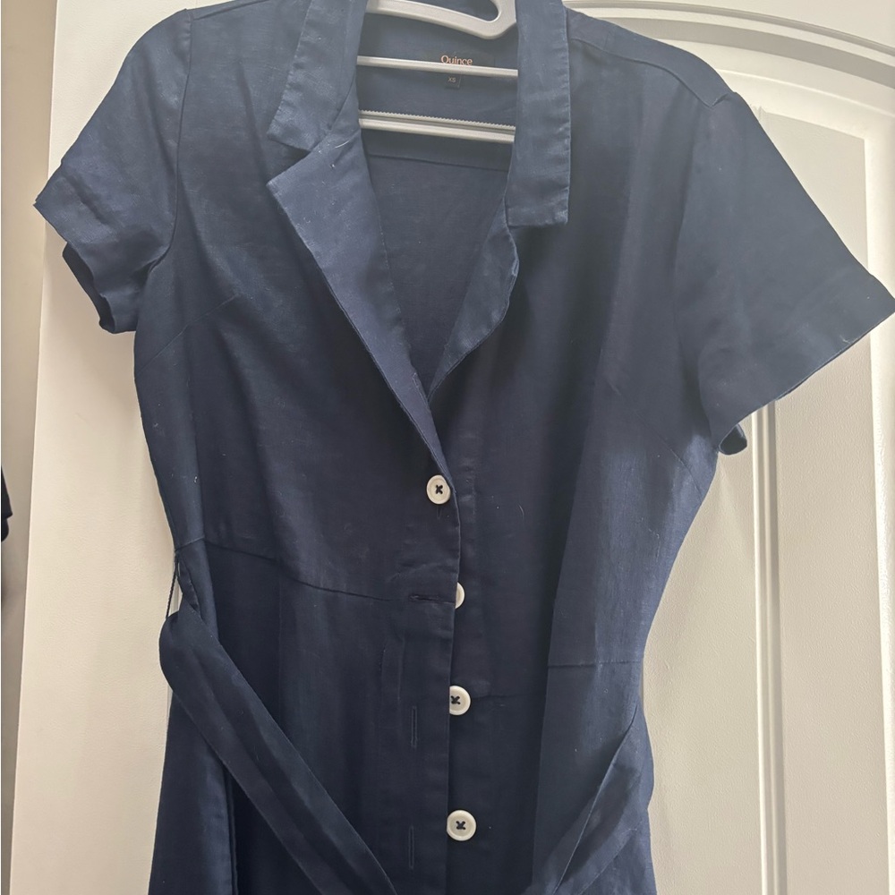 Quince Navy Blue Midi Dress with Buttons